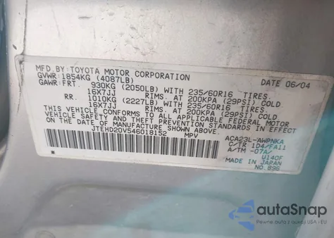 2004 Toyota Rav4 z USA, uszkodzony, nr VIN JTEHD20V546018152